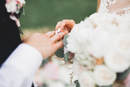 Bride and groom exchanging wedding rings. Stylish couple official ceremonyの写真素材
