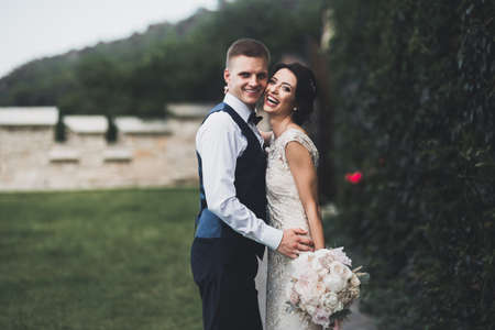 Happy wedding couple walking in a botanical parkの写真素材