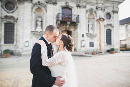 Perfect couple bride, groom posing and kissing in their wedding dayの写真素材