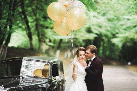 Beautiful newlywed couple posing near retro black carの写真素材