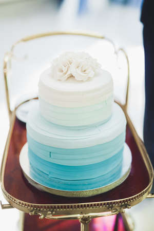 Luxury decorated wedding cake on the tableの写真素材