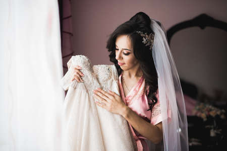 Beautiful luxury bride in elegant white dressの写真素材