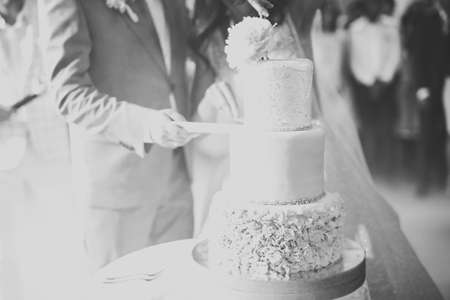 Bride and groom at wedding cutting the wedding cakeの写真素材
