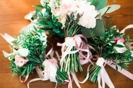 Beautiful wedding bouquet with different flowers, rosesの写真素材