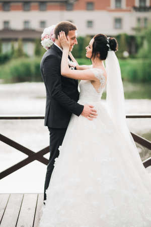 Wedding couple on the nature is hugging each other. Beautiful model girl in white dress. Man in suitの写真素材