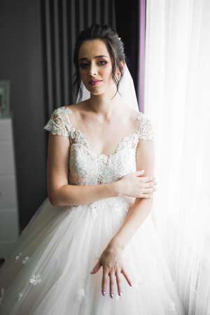Luxury bride in white dress posing while preparing for the wedding ceremonyの写真素材
