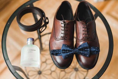 Mens accessories with luxury shoes. Top viewの写真素材
