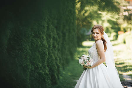 Beautiful luxury young bride in wedding dress posing in parkの写真素材