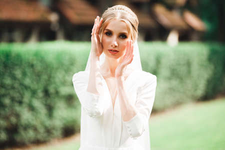 Beautiful luxury bride in elegant white dressの写真素材