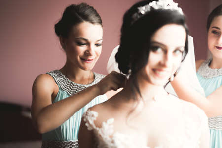Gorgeous bride in robe posing and preparing for the wedding ceremony face in a roomの写真素材