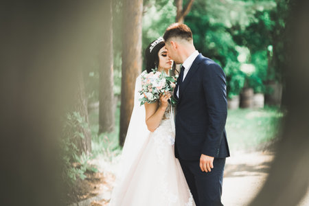 Stylish couple of happy newlyweds walking in the park on their wedding day with bouquetの写真素材