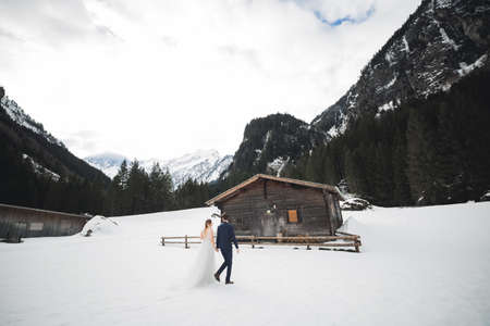 The couple, the bride and groom holding hands in the mountainsの写真素材