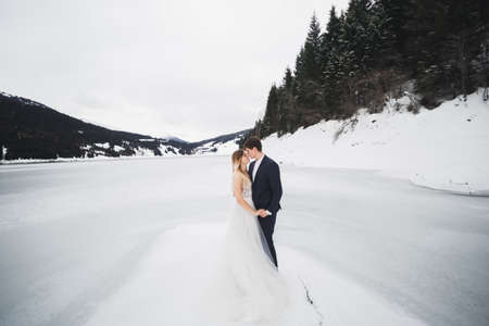 Just married couple kissing, mountains landscape in snow on the background.の写真素材