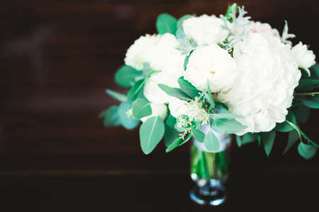 Beautiful wedding bouquet with different flowers, rosesの写真素材
