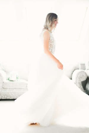 Gorgeous bride in robe posing and preparing for the wedding ceremony face in a roomの写真素材