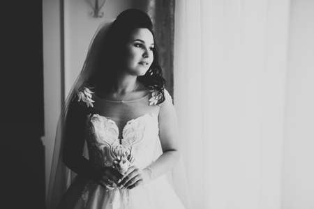 Beautiful bride wearing fashion wedding dress with feathers with luxury delight make-up and...