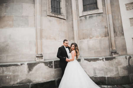 Perfect couple bride, groom posing and kissing in their wedding dayの写真素材