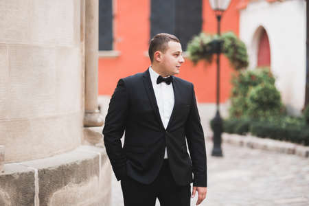 Happy handsome smiling groom posing with boutonniereの写真素材