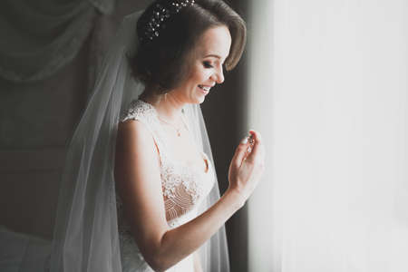 Portrait of beautiful bride with fashion veil at wedding morning