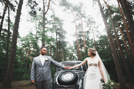 Caucasian happy romantic young couple celebrating their marriage. Outdoorの写真素材
