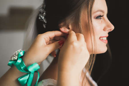 Portrait of beautiful bride with fashion veil at wedding morningの写真素材