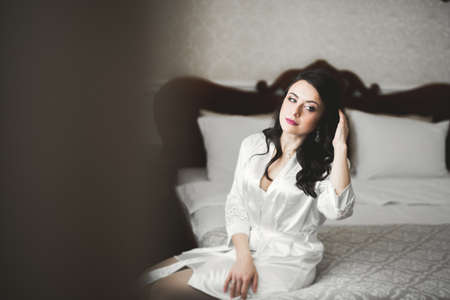 Portrait of beautiful bride with fashion veil at wedding morningの写真素材