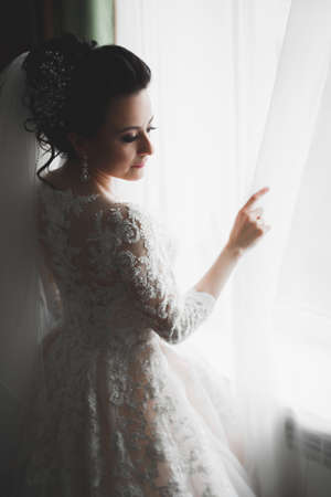 Portrait of beautiful bride with fashion veil at wedding morningの写真素材