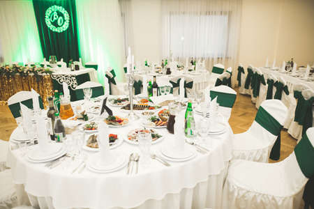 Interior of a restaurant prepared for wedding ceremonyの写真素材