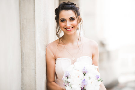Beautiful luxury bride on the balcony with perfect landscapeの写真素材