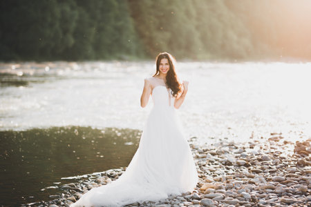 Beauty portrait of bride wearing fashion wedding dress with feathers with luxury delight make-up and hairstyleの写真素材