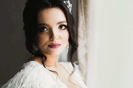 Beautiful bride wearing fashion wedding dress with feathers with luxury delight make-up and hairstyle, studio indoor photo shootの写真素材