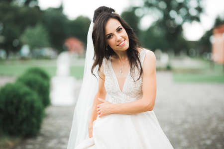 Beautiful luxury young bride in wedding dress posing in parkの写真素材