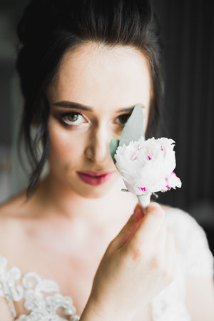 Beautiful bride wearing fashion wedding dress with feathers with luxury delight make-up and hairstyle, studio indoor photo shootの写真素材