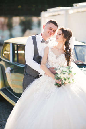 Wedding bride and groom, elegant couple staying near retro wedding carの写真素材