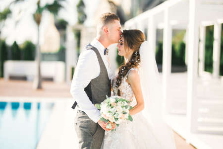 Wedding couple is hugging each other. Beautiful model girl in white dress. Man in suitの写真素材