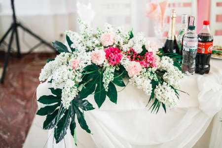 Interior of a restaurant prepared for wedding ceremonyの写真素材