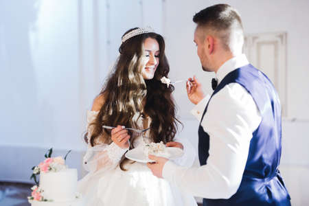 Bride and groom at wedding cutting the wedding cakeの写真素材