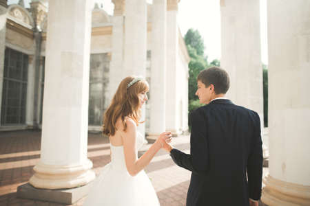 Luxury married wedding couple, bride and groom posing in old cityの写真素材