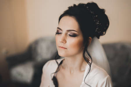 Beautiful bride wearing fashion wedding dress with feathers with luxury delight make-up and hairstyle, studio indoor photo shootの写真素材