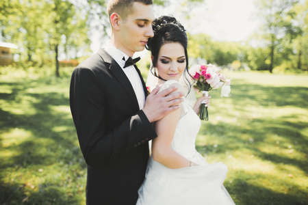 Newly married couple running and jumping in park while holding handsの写真素材