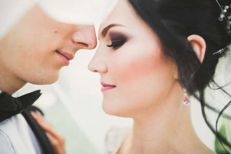 Kissing wedding couple in spring nature close-up portraitの写真素材
