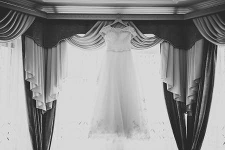 The perfect wedding dress in the room of the brideの写真素材