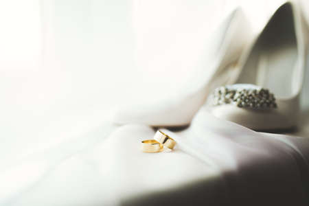 White stylish wedding shoes for bride. Close-upの写真素材