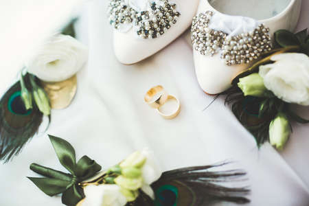 White stylish wedding shoes for bride. Close-upの写真素材