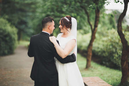 Romantic, fairytale, happy newlywed couple hugging and kissing in a park, trees in backgroundの写真素材