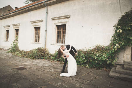 Sensual married couple, valentines hugging in front of old slavic castleの写真素材