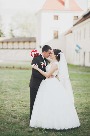 Beautiful fairytale newlywed couple hugging near old medieval castleの写真素材