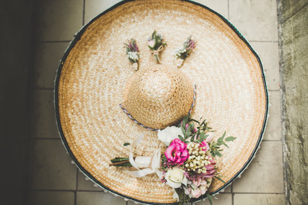 Beautiful wedding bouquet with different flowers, rosesの写真素材