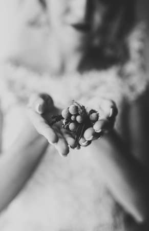 Gorgeous bride in robe posing and preparing for the wedding ceremony face in a roomの写真素材