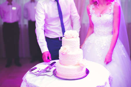 Bride and groom at wedding cutting the wedding cakeの写真素材